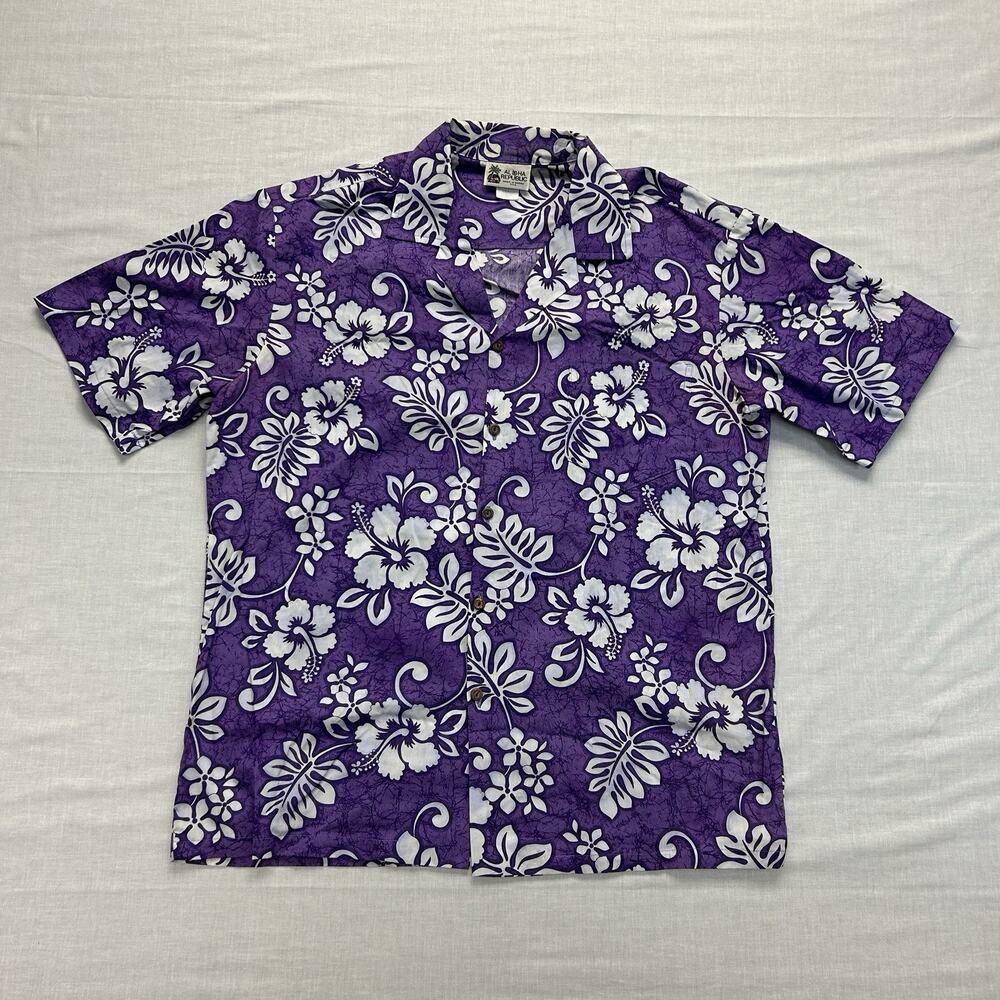 Vintage Aloha Republic Hawaiian Shirt Men's Large Purple Floral USA Made Button